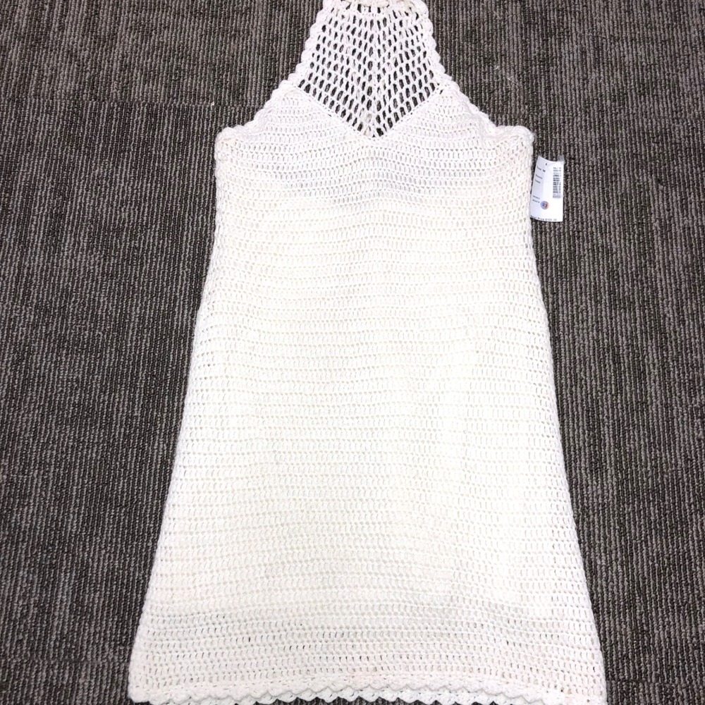 FORE Crochet Halter Mini Dress Cream White Boho Tassel Back JSA018 Womens Size M